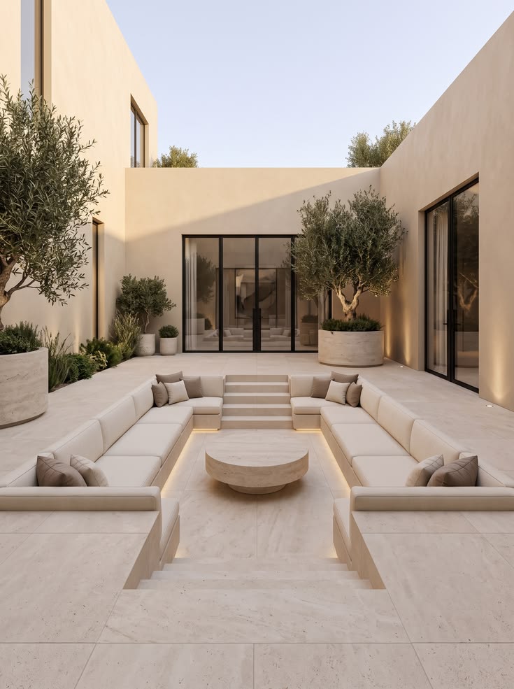 Sunken courtyard seating around a round stone table with olive trees