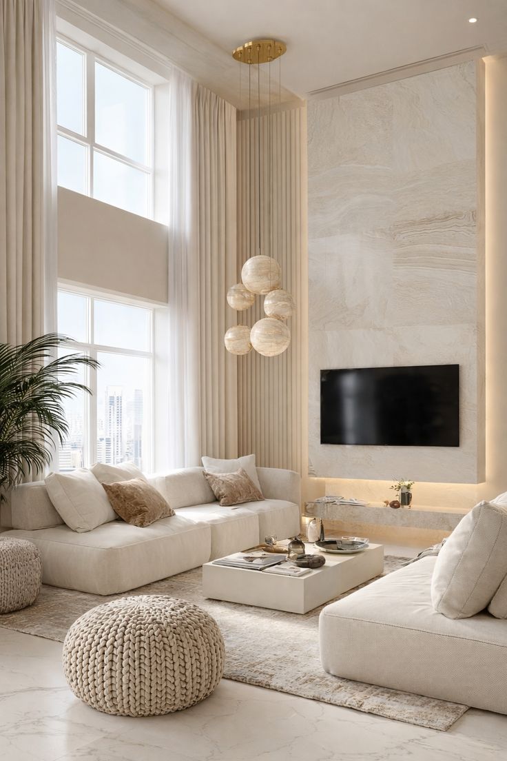 Double-height living room with a marble-look TV wall, lit edge and full-height curtains