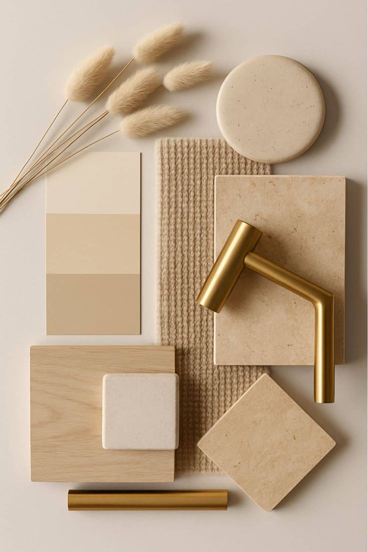 Material moodboard with stone, oak, brass and colour swatches in warm neutrals