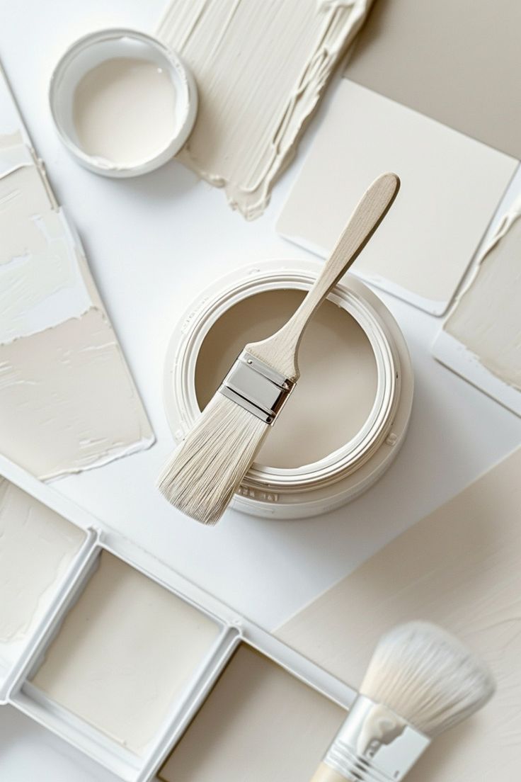 Cream paint samples with a brush on a paint tin