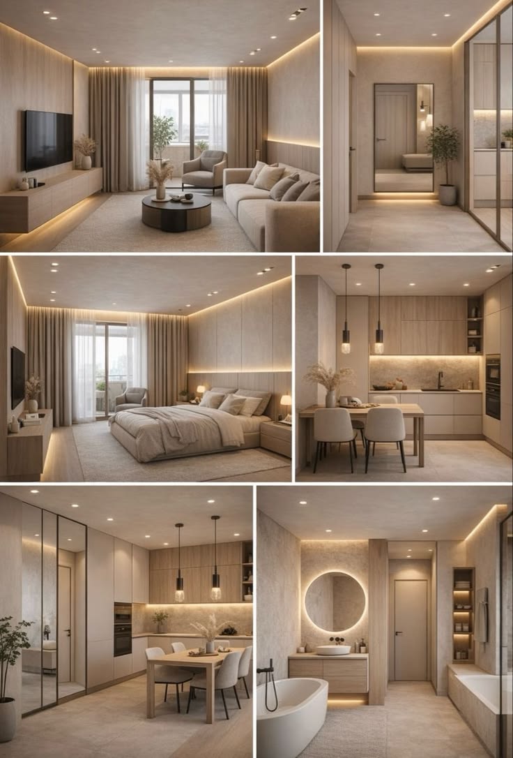 Six rooms of an apartment with warm cove lighting: living room, entrance, bedroom, kitchen and bathroom