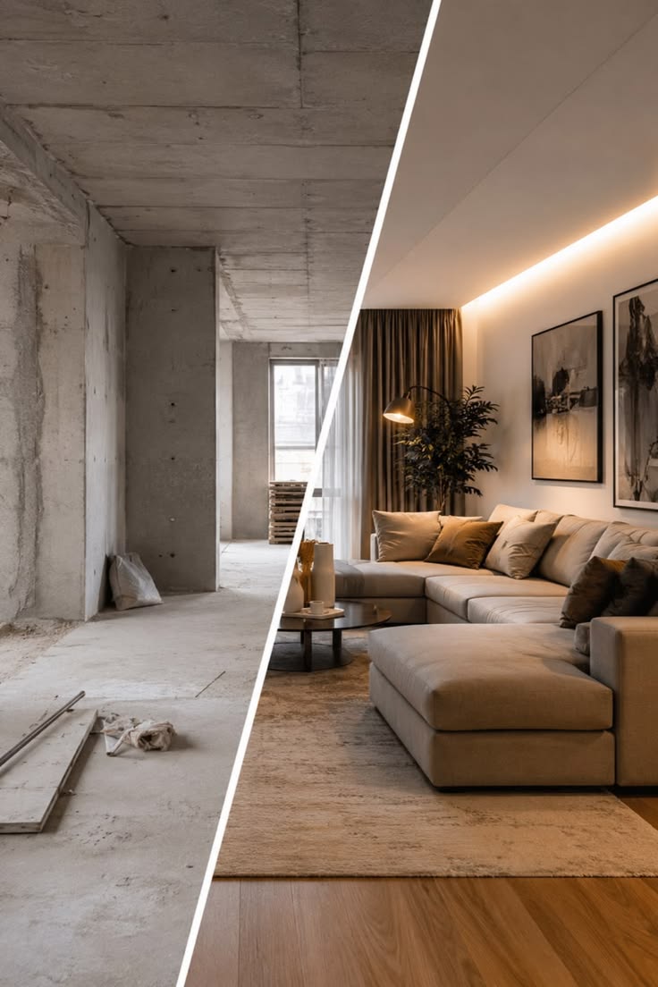 Split view of a bare concrete shell and the same space finished as a living room