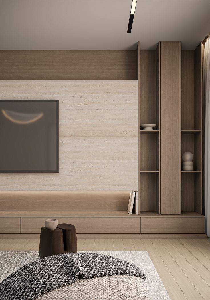 TV wall with a stone-look panel, oak shelving and a low cabinet with hidden lighting