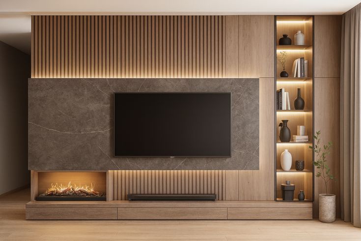 TV wall with wood slats, a stone-look panel, a fireplace and lit shelving