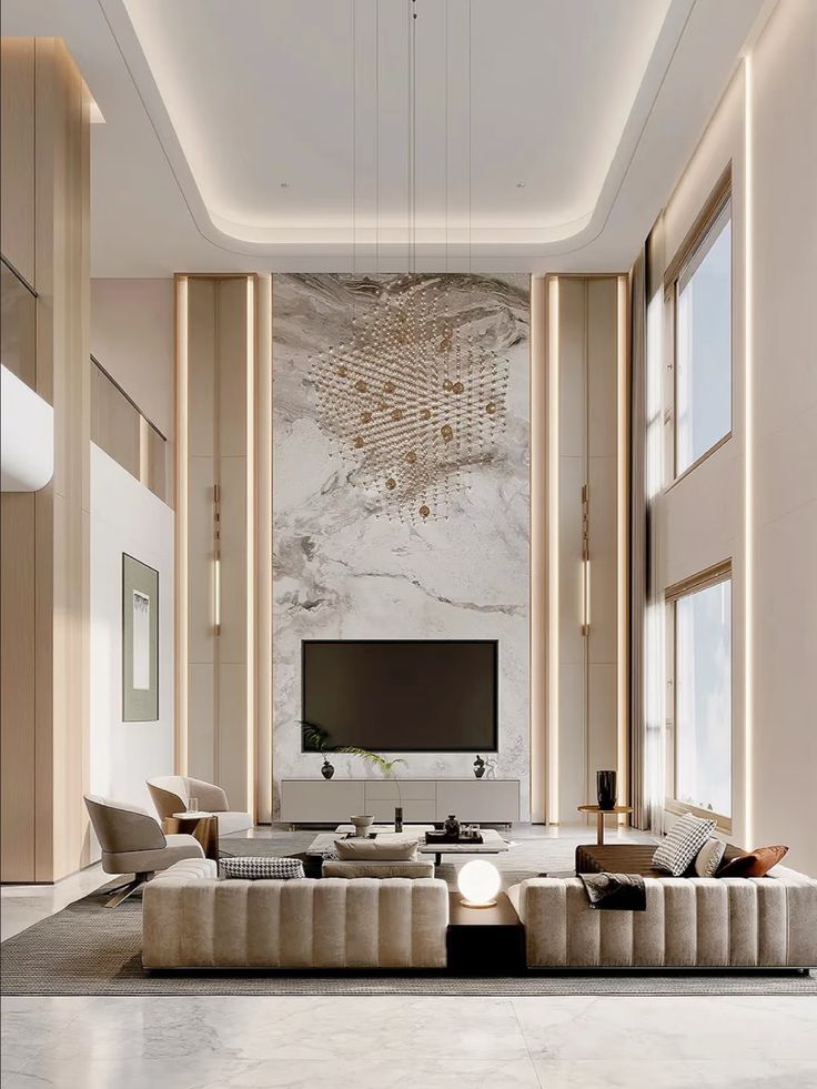 Double-height living room with a marble-look TV wall between lit columns under a curved ceiling