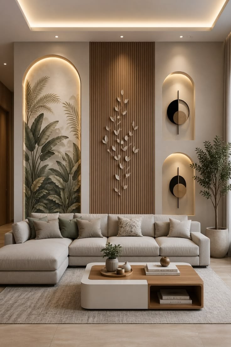Living room with an arched mural niche, wood slat feature wall and a tray ceiling with cove light